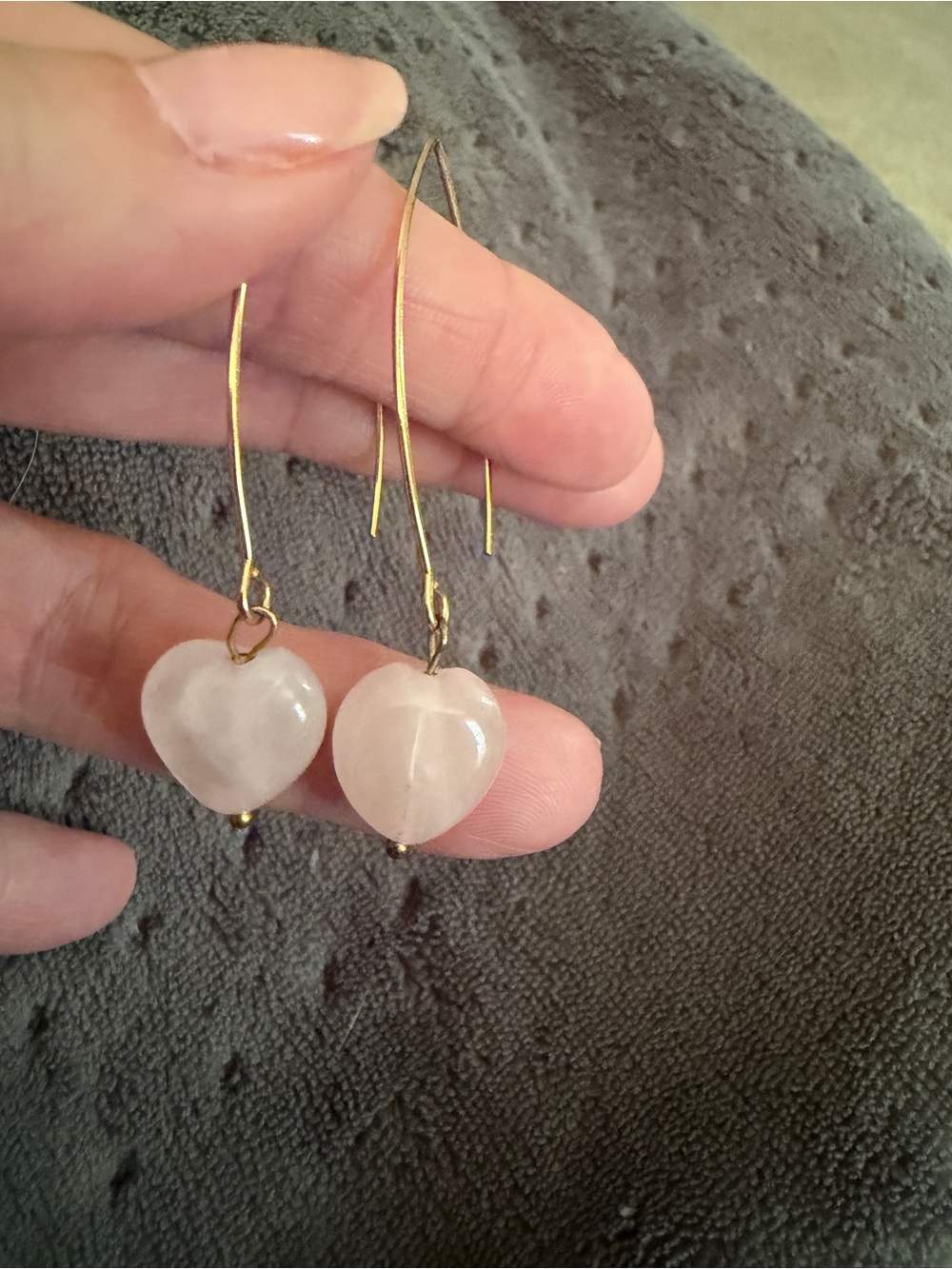 Katia Designs Rose Quartz Heart Drop Earrings with Gold Hooks